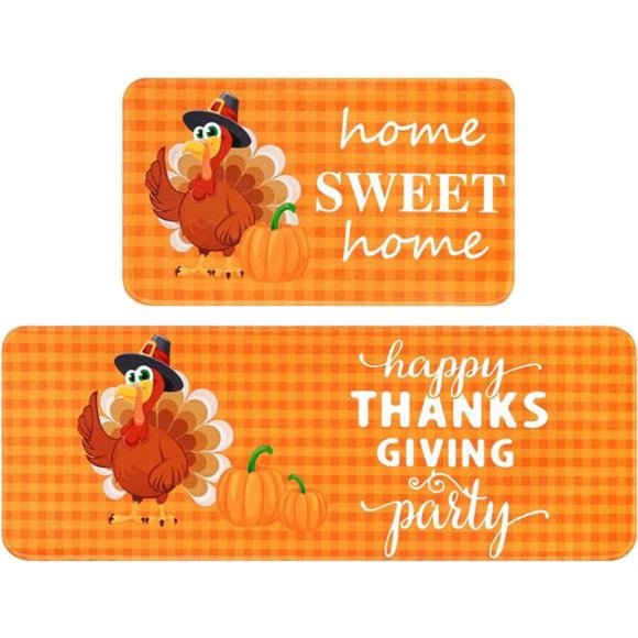 2 Kitchen Rugs, Floor Mats, Thanksgiving Halloween Turkey Decor - Picture 1 of 6